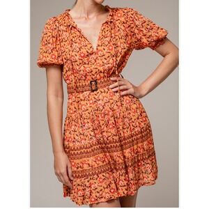 LUSANA Boho Floral Print Tie Neck Midi Dress Size L Orange Red Belt